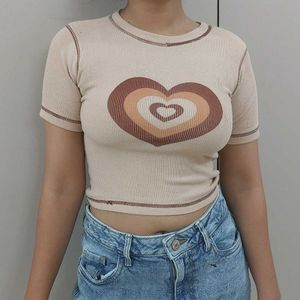 Beige Crop Top With Concentric Brown Hearts