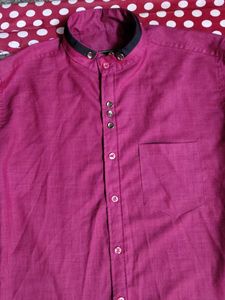 Maroon Band Collar Button-Up Shirt