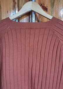 Ribbed Cutout Long Sleeve Top - Rust/Terracotta