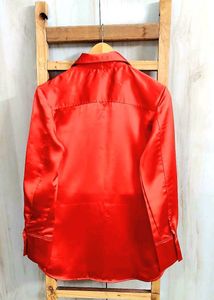 Red Satin Button-Down Shirt size-36-M