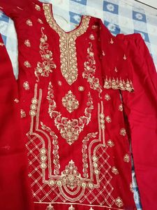 Red &amp; Gold Embroidered Stones  Kurta Set