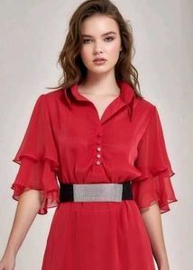 Chic Red Shirtdress with Ruffled Sleeves