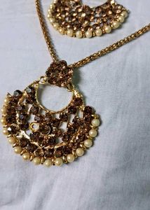 Gold &amp; Pearl Chandbali Necklace and Earring Set