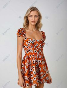 Daisy Print Puff Sleeve Mini Dress