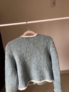 Powder Blue Wool Blend Boucle Cardigan