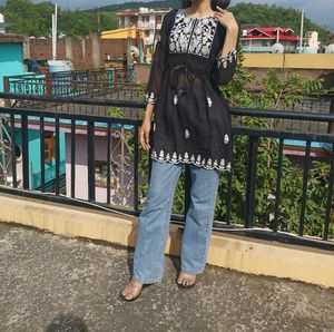 Embroidered Black Tunic Top