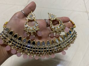 “Elegant Mirror Work Choker Set | Pink Stone Beads