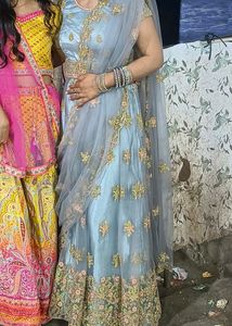 Silver Lengha With Green And Pink Contrast