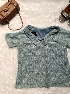 Vintage Blue Lace Peter Pan Collar Top✨