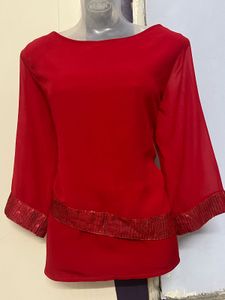 Cottinfab Branded Red Sequence Plus Size Top