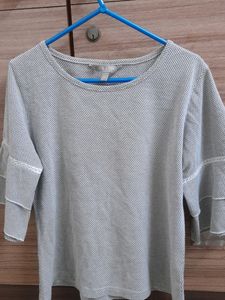 It's Black, White With a Slight Grey Shade In It. It Has a Circle Like Design, Very Comfy, Simple Yet Good Looking Top. It Is Stretchable. Pair It With A Black Jeans You Will Look Amazing.