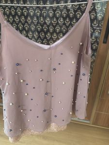 Peach Spegatti Top With Pearl Details