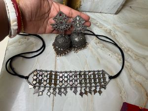Trendy Mirror choker And Long Oxidise Jhumka