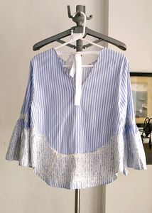 Zara Blue Striped Lace Trim Top