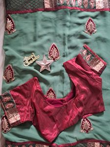 Green Saree with Embroidered Blouse