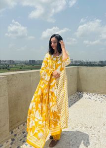 Mustard Pure Cotton Floral And Polka Dress