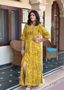 GLOBAL DESIYellow Printed-Graphic Full Length Dres