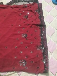 Maroon- Black Half Net Saree