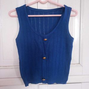 Blue Knit Button Tank Top