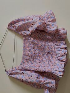 Baby Pink Colour Floral Print Smocked Top