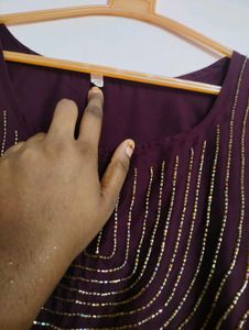 Wine Colour Kurtha With Gold Beads Hand embroidere