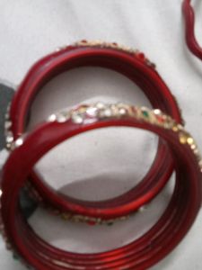 Ornate Gold &amp; Red Bangle Set