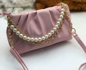 Elegant Pink Handbag with Pearl &amp; Gold Chain Detai