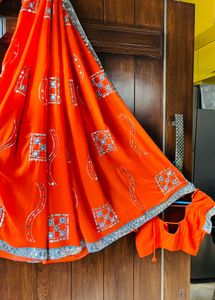 Orange Embellished Saree with Stitched Blouse