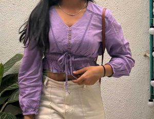 Lilac Eyelet Tie-Front Crop Top