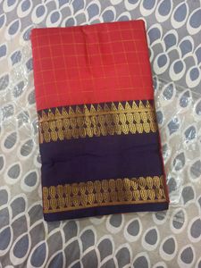 Brand New Soft Silk Saree Red Body And Blue Zari Border All Over Checks With Blouse Pc