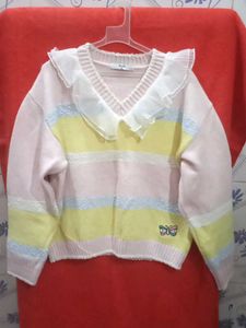 Pastel Striped Sweater with Ruffle Collar