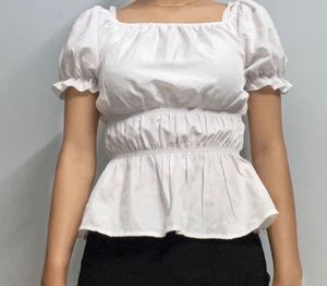 White Peplum Puff Sleeve Top