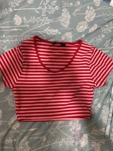 pink and red Striped Cropped Top