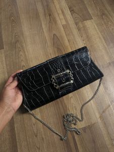 Black Croc Embossed Clutch with Chain Strap