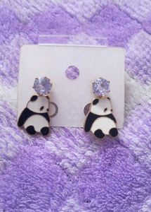 Cute Panda Earrings with Purple Gemstones