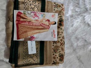 Elegant Beige &amp; Green Silk Saree