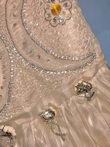 White Party Wear Designer Dress with Beads &amp; Flora