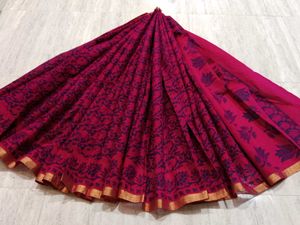 Elegant Rani Pink Floral Printed Cotton Saree