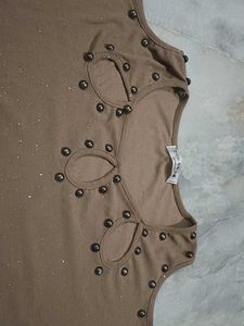 Brown Studded Cold Shoulder Top