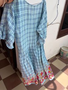Blue Plaid Dress with Floral Hem