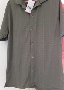 Zara Olive Green Patterned Button-Down Shirt