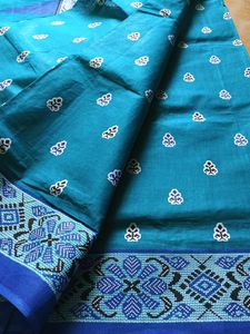 Teal Cotton Saree with Floral Motifs