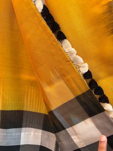 golden yellow and checkered border pure silk saree
