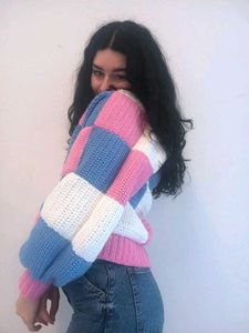 Purple Checkered Knit Cardigan