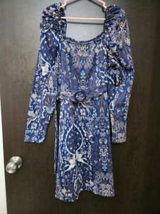Navy Blue Belted Puff Sleeve Jacquard Dress