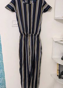 Navy Blue and Beige Striped Basic Jumpsuit