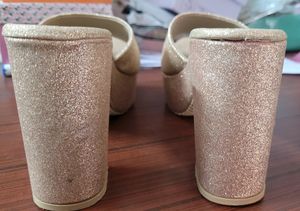 Fancy Rose Gold Women Block Heel Slippers With Party Wear 3.5 Inch Heels Chappal For Ladies