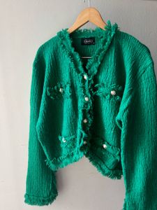 SOLID V-NECK FRINGE BUTTON UP OVERSIZED CARDIGAN