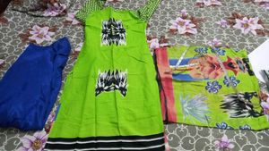 Parrot Green Kurta Dupatta With Blue Bottom