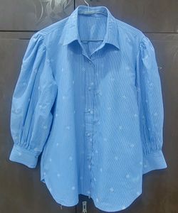 Embroidered Blue Shirt With Bishop Sleeves